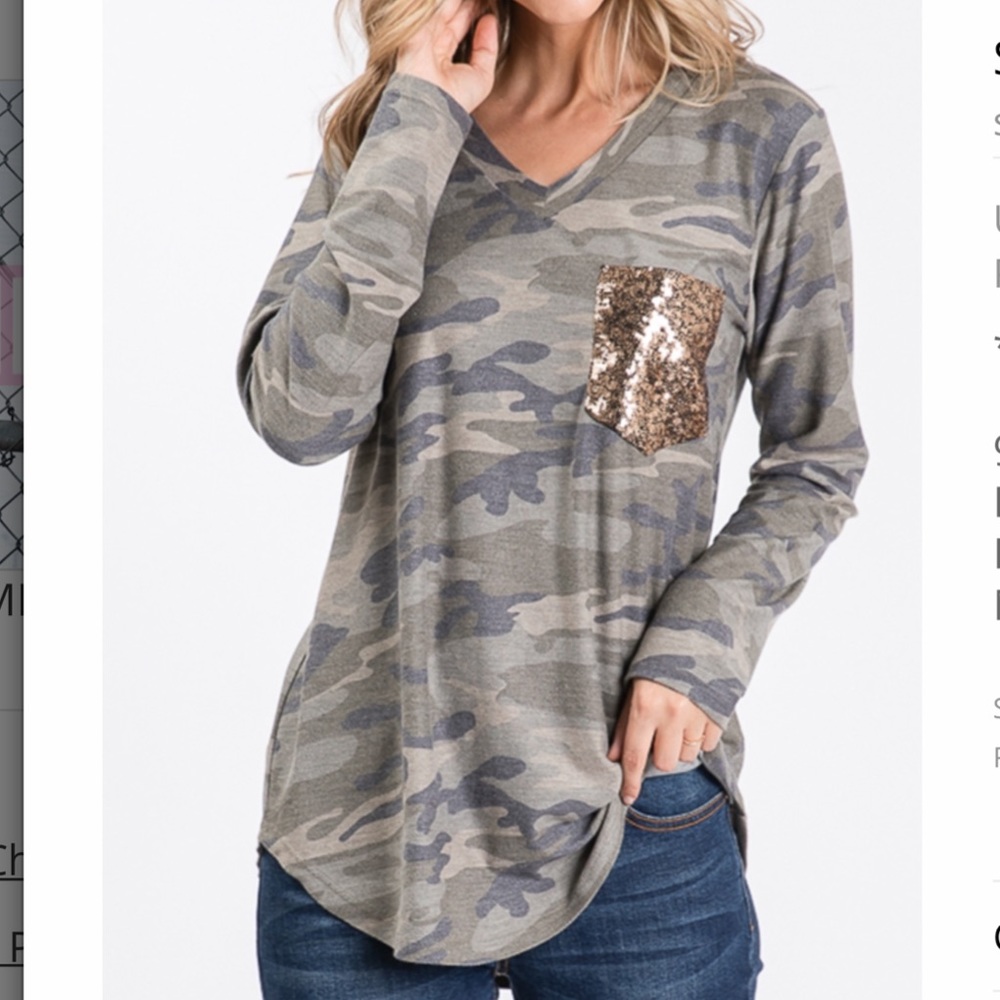 Camo long sleeve with gold sequin pocket.